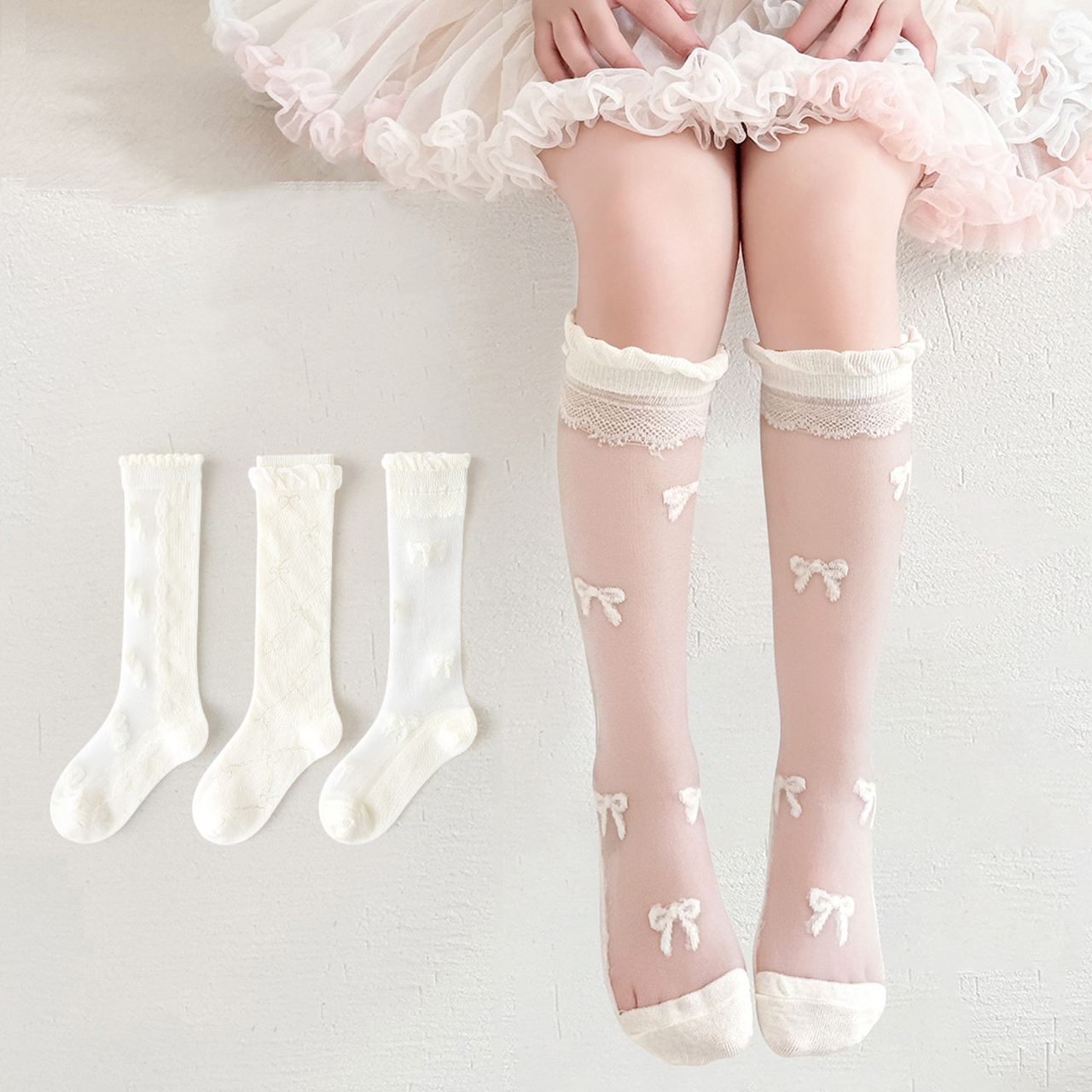 3 Pairs Lace Bow Baby Girl Lon - Baby Sock Oximeter のレビューと価格